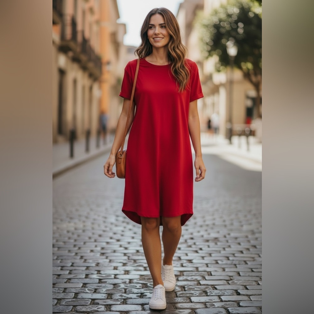 Zenana Outfitters Red Short-Sleeve Midi Swing Dress with Crew Neck